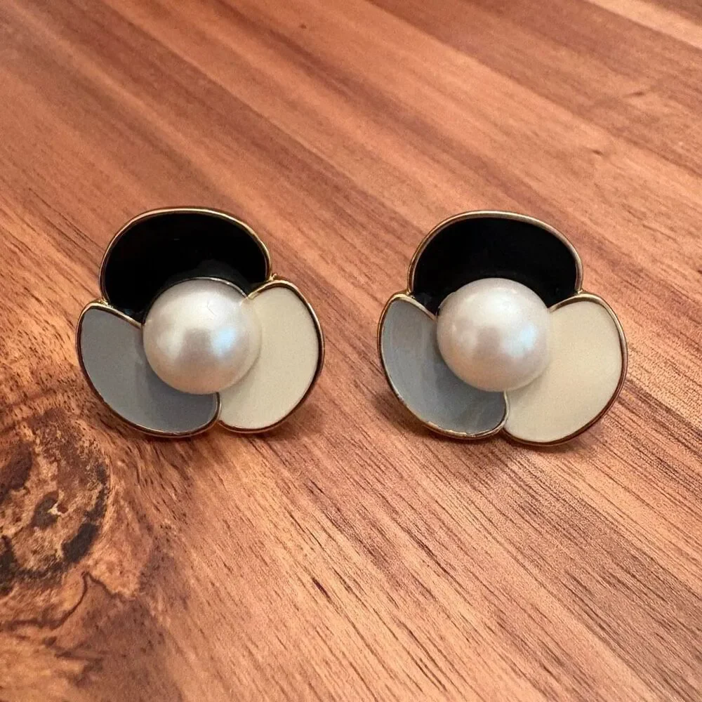 Floral Enamel and Faux Pearl Earrings | 1 1/8” Width